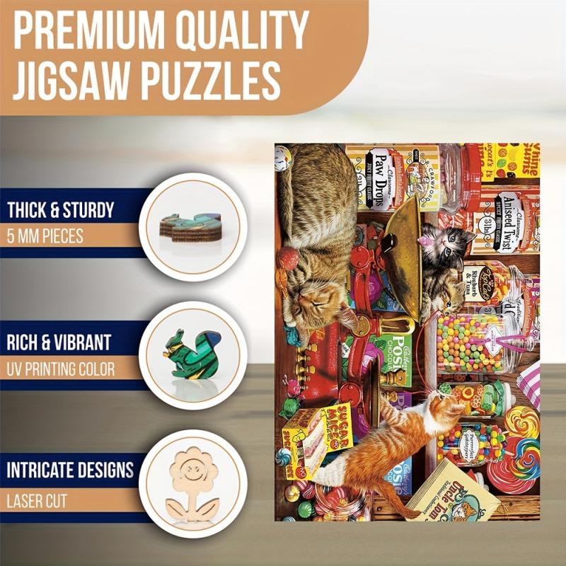 Greedy Cat Wooden Jigsaw Puzzle - Unique Animal Shaped Pieces
