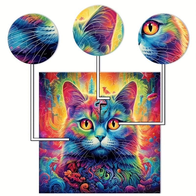 Psychedelic Cat Wooden Jigsaw Puzzle Family Game Christmas Halloween Gift