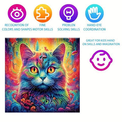 Psychedelic Cat Wooden Jigsaw Puzzle Family Game Christmas Halloween Gift