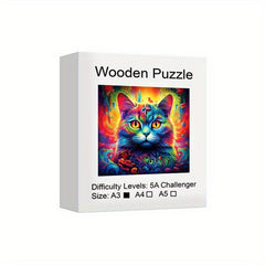 Psychedelic Cat Wooden Jigsaw Puzzle Family Game Christmas Halloween Gift