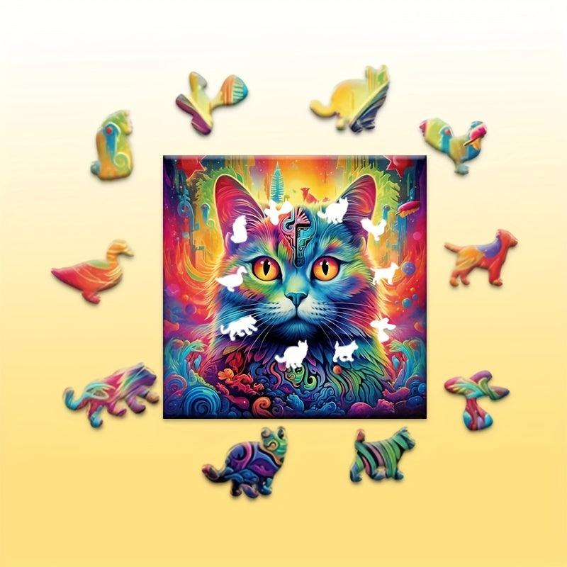 Psychedelic Cat Wooden Jigsaw Puzzle Family Game Christmas Halloween Gift