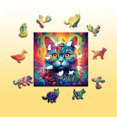 Psychedelic Cat Wooden Jigsaw Puzzle Family Game Christmas Halloween Gift