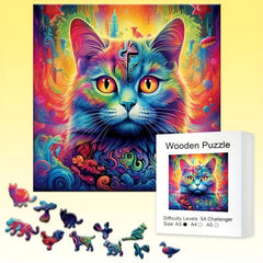 Psychedelic Cat Wooden Jigsaw Puzzle Family Game Christmas Halloween Gift