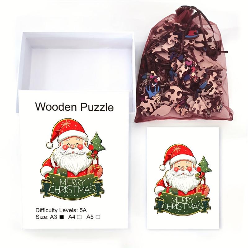 Santa Claus Wooden Puzzle Art Christmas Theme Shaped Pieces Jigsaw Puzzles Toys