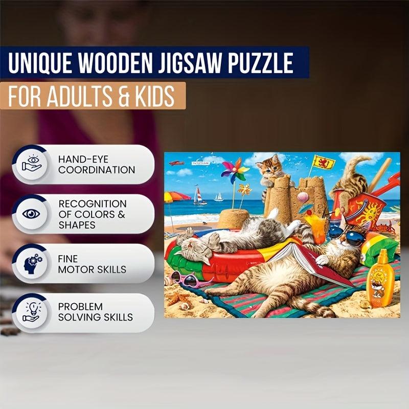 Cat On Holiday Wooden Jigsaw Puzzle Art Animal Shaped Pieces DIY Game Toy Gift