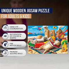 Cat On Holiday Wooden Jigsaw Puzzle Art Animal Shaped Pieces DIY Game Toy Gift