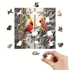 Red Birds Christmas Wooden Puzzle Animal Shaped Jigsaw Gift