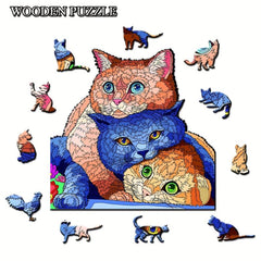 Wooden Jigsaw Puzzle Animal Shaped Three Cats