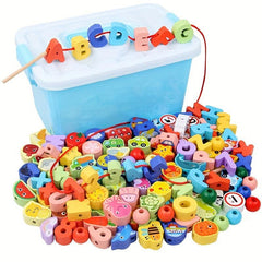 Large Particle Wooden Beaded Toy Threading Rope Building Blocks