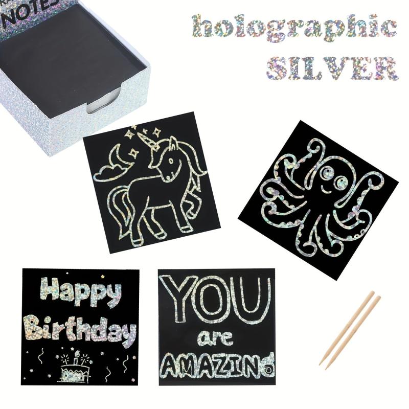 100pc Silvery Holo Scratch Art Mini Magic Note Pads Kit