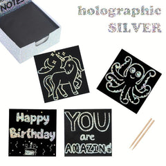 100pc Silvery Holo Scratch Art Mini Magic Note Pads Kit
