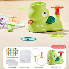 Feet Mounted Flying Disc Launcher Toy Game Set with 8 Flying Saucers