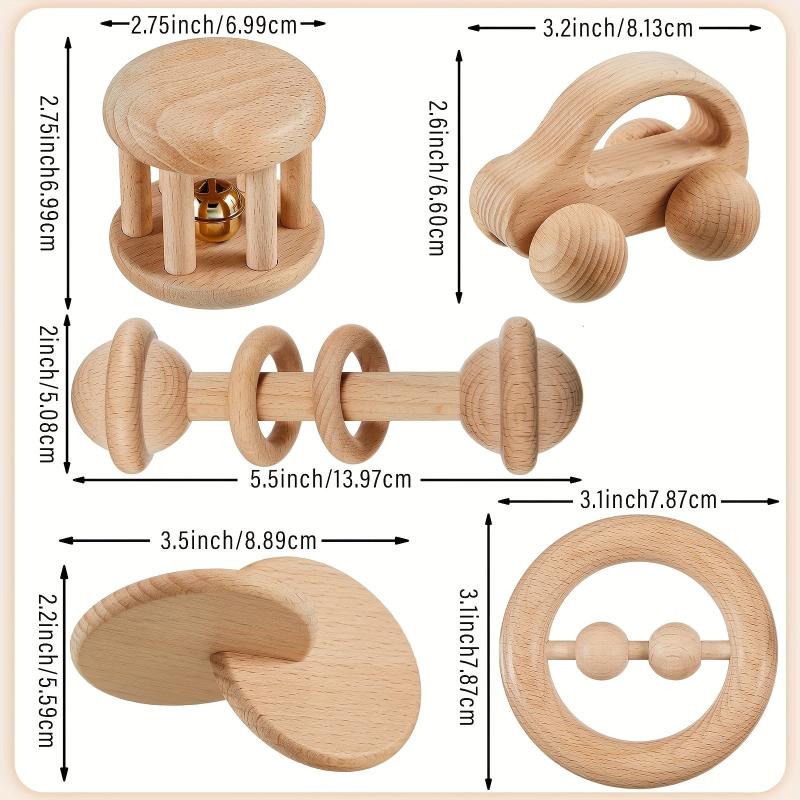 Zanvia 5pcs Wooden Baby Rattles Push Car Bells Teether Baby Toys Wood Toy