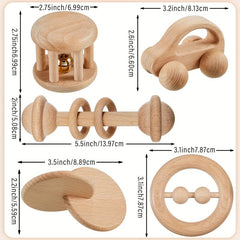 Zanvia 5pcs Wooden Baby Rattles Push Car Bells Teether Baby Toys Wood Toy
