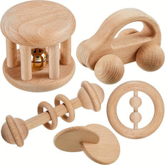 Zanvia 5pcs Wooden Baby Rattles Push Car Bells Teether Baby Toys Wood Toy
