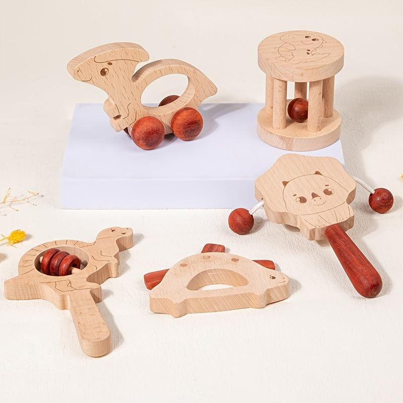 Beech Baby Rattle Dinosaur Set Teething Ring Log Rattle Car Toy