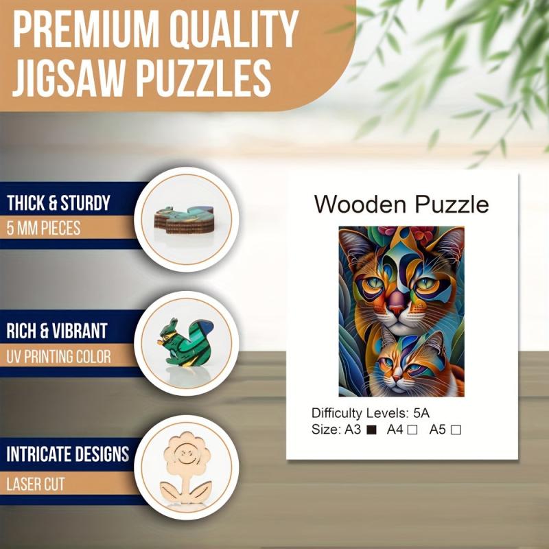 Animal Shaped Wooden Jigsaw Puzzle for Adults - Two Cats