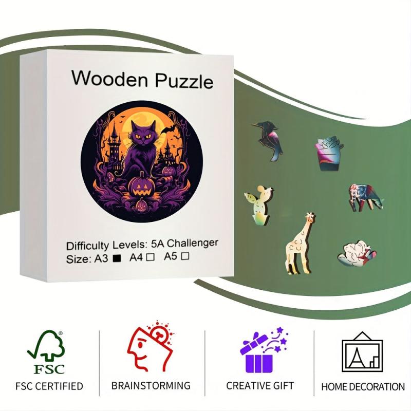 Halloween Cat Pumpkin Wooden Jigsaw Puzzle Animals Shaped Wood DIY Game Fun Toy