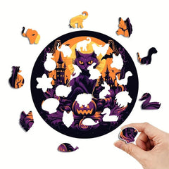 Halloween Cat Pumpkin Wooden Jigsaw Puzzle Animals Shaped Wood DIY Game Fun Toy