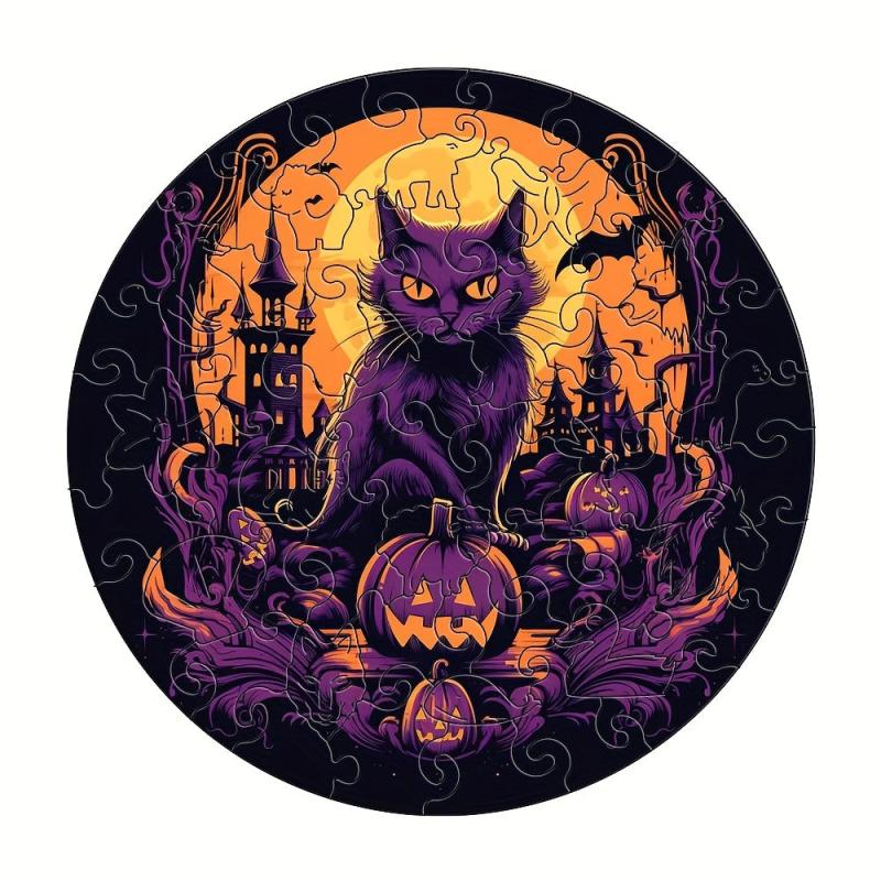 Halloween Cat Pumpkin Wooden Jigsaw Puzzle Animals Shaped Wood DIY Game Fun Toy