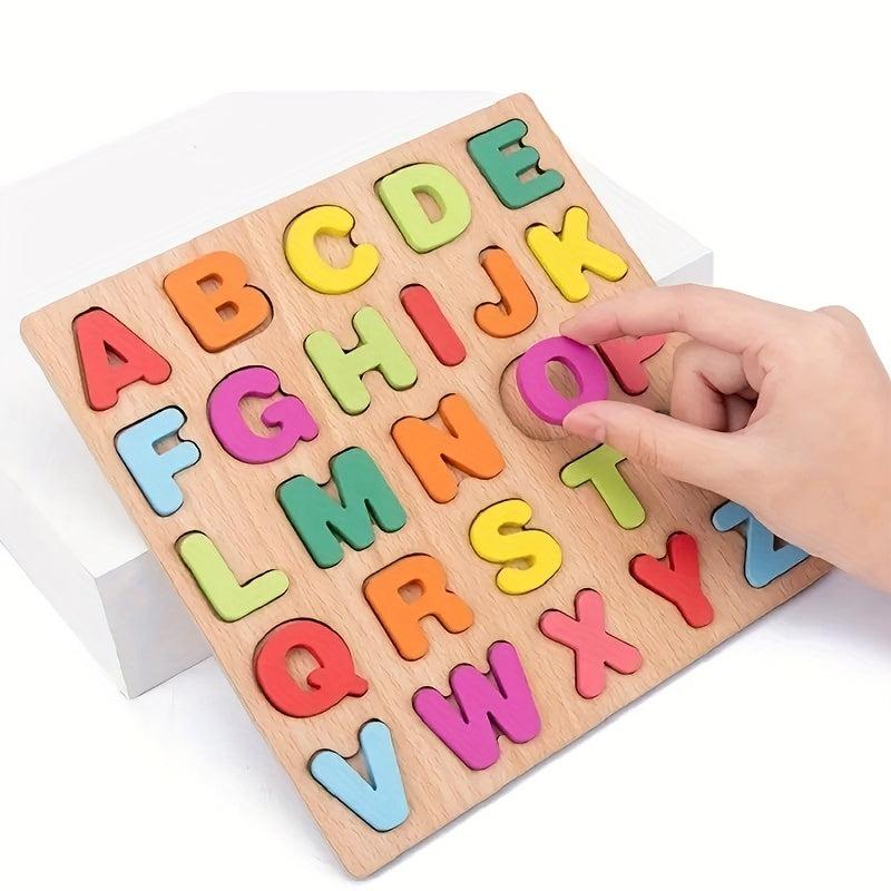 Wooden Puzzle Board Game Alphabet Numbers & Shapes Matching For Kids