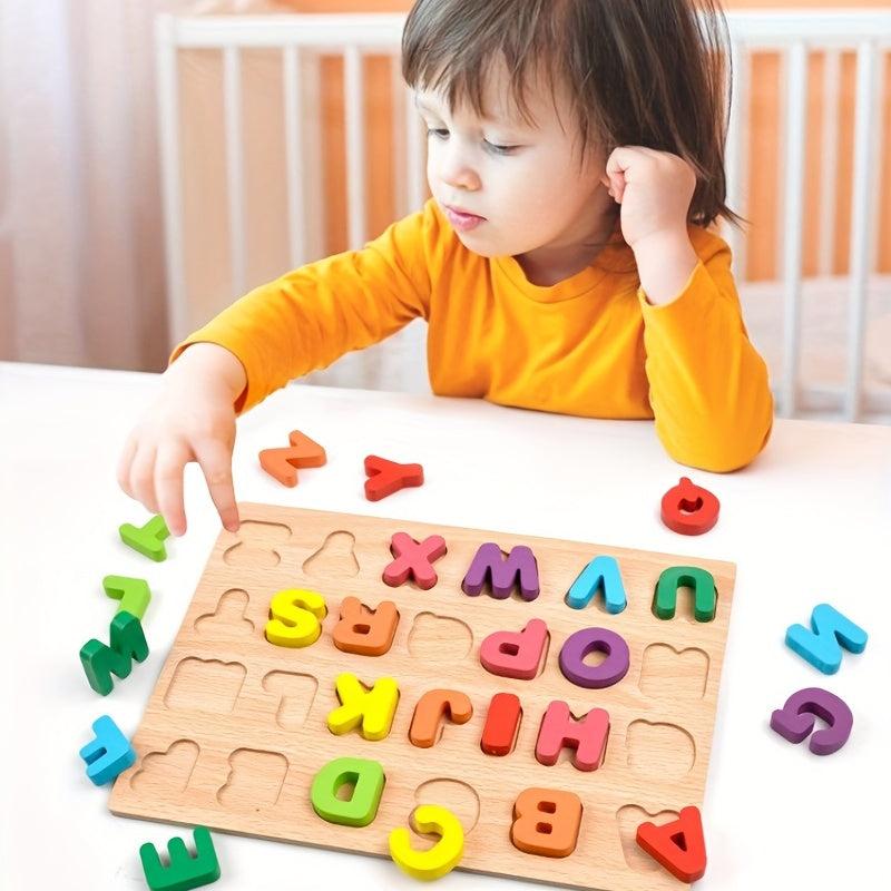Wooden Puzzle Board Game Alphabet Numbers & Shapes Matching For Kids