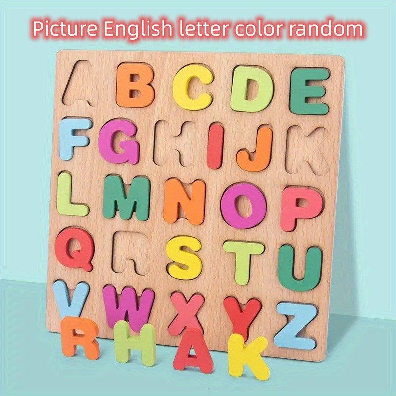 Wooden Puzzle Board Game Alphabet Numbers & Shapes Matching For Kids