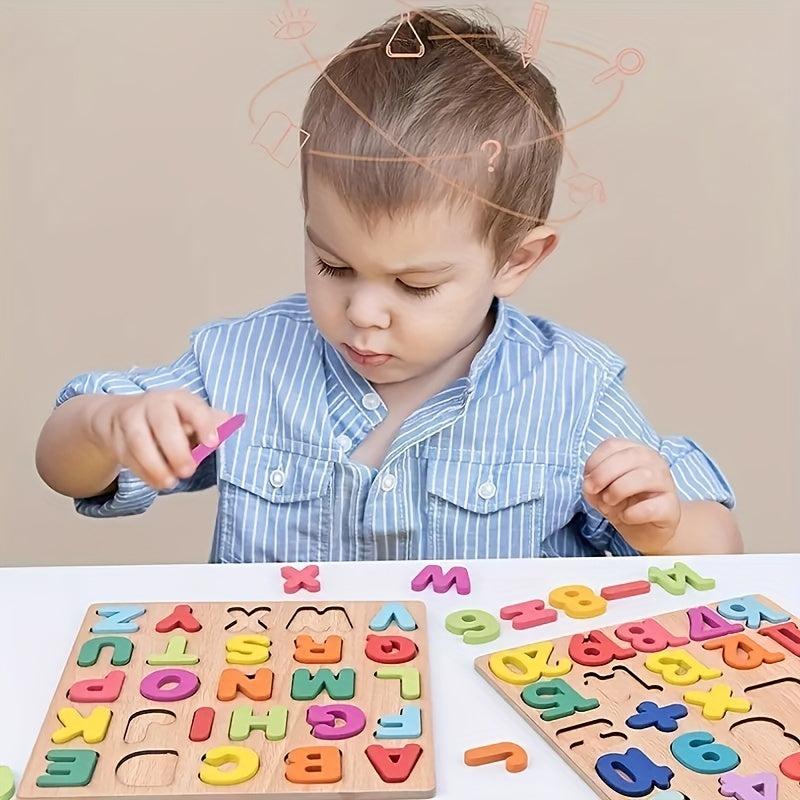 Wooden Puzzle Board Game Alphabet Numbers & Shapes Matching For Kids