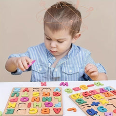 Wooden Puzzle Board Game Alphabet Numbers & Shapes Matching For Kids