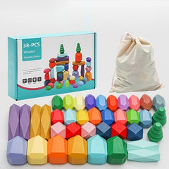 Wooden Rainbow Stacking Stone Building Blocks Kids Educational Toys