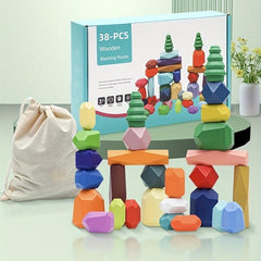 Wooden Rainbow Stacking Stone Building Blocks Kids Educational Toys