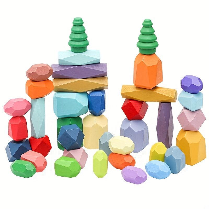 Wooden Rainbow Stacking Stone Building Blocks Kids Educational Toys