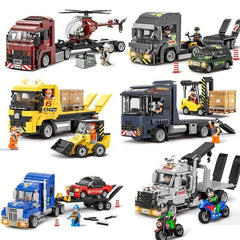 Urban Traffic Building Blocks Toy Truck Car Helicopter Motorcycle Transporter