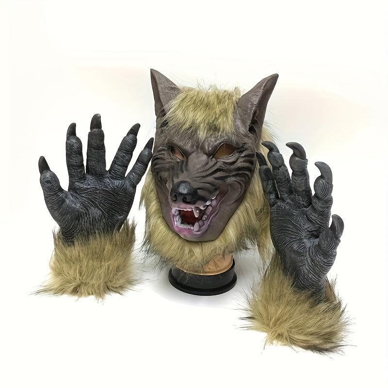 Halloween Wolf Head Mask & Gloves Set, Realistic Feel, Comfortable Enamel