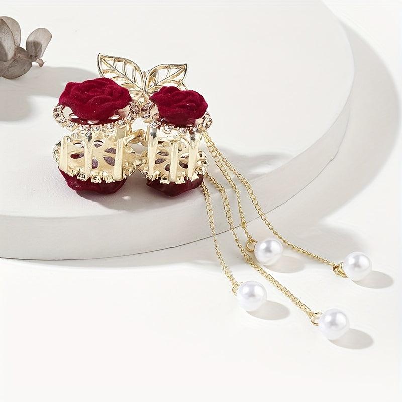 Red Rose Tassel Rhinestone Claw Clips Hair Clips Decorative Hair Accessories