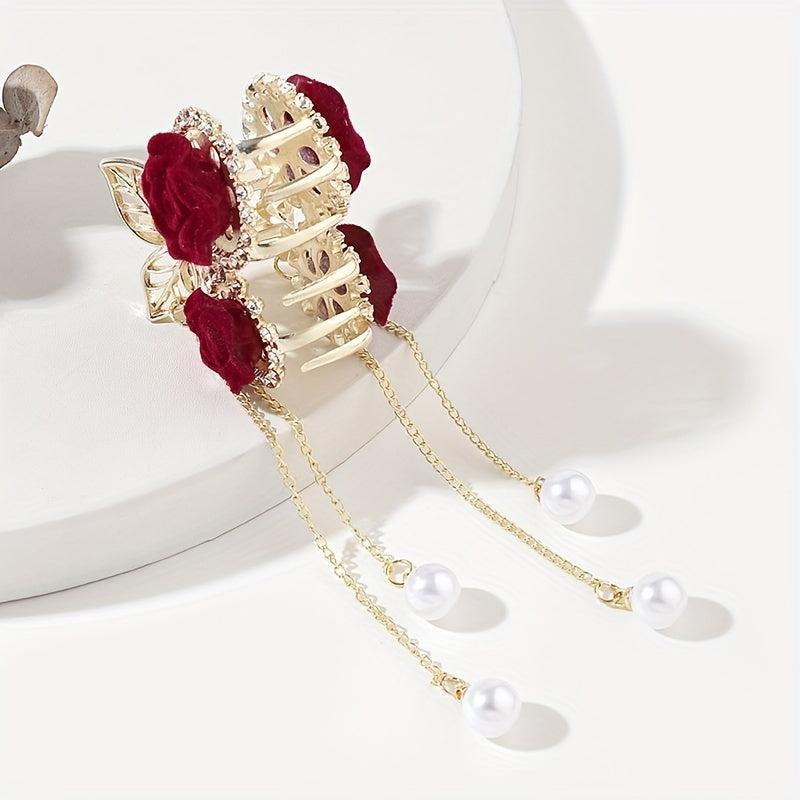 Red Rose Tassel Rhinestone Claw Clips Hair Clips Decorative Hair Accessories