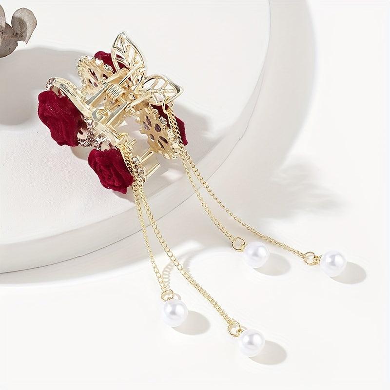 Red Rose Tassel Rhinestone Claw Clips Hair Clips Decorative Hair Accessories