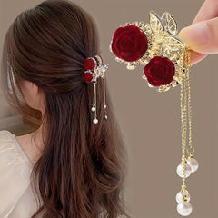 Red Rose Tassel Rhinestone Claw Clips Hair Clips Decorative Hair Accessories