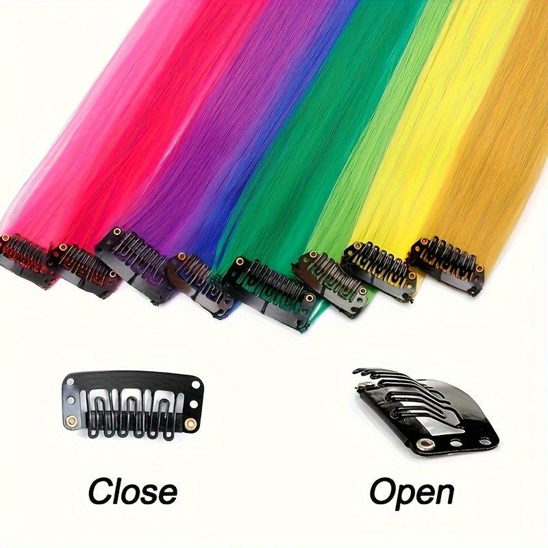 Rainbow Clip In Hair Extensions for Girls - Colorful Synthetic Hairpieces