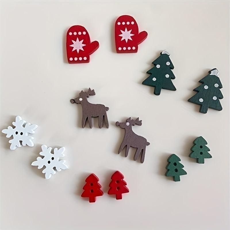 50pcs Wooden Christmas Decorative Buttons Mixed Pattern for DIY Stickers