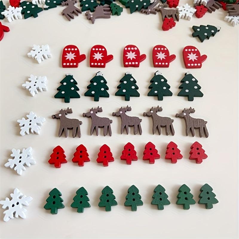 50pcs Wooden Christmas Decorative Buttons Mixed Pattern for DIY Stickers