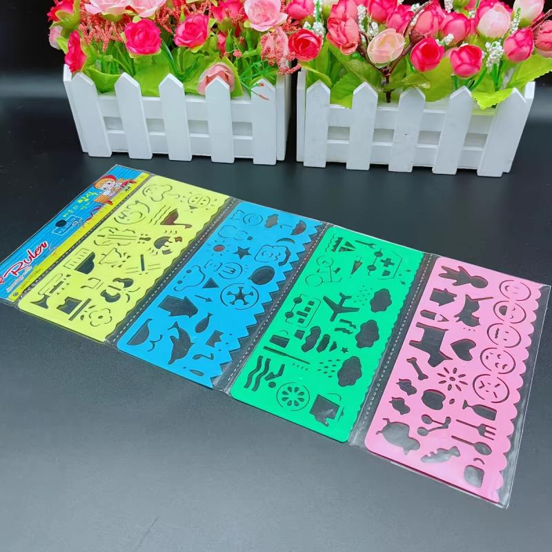 4pcs Cartoon Sketch Ruler Drawing Template Plastic Stencils For Students