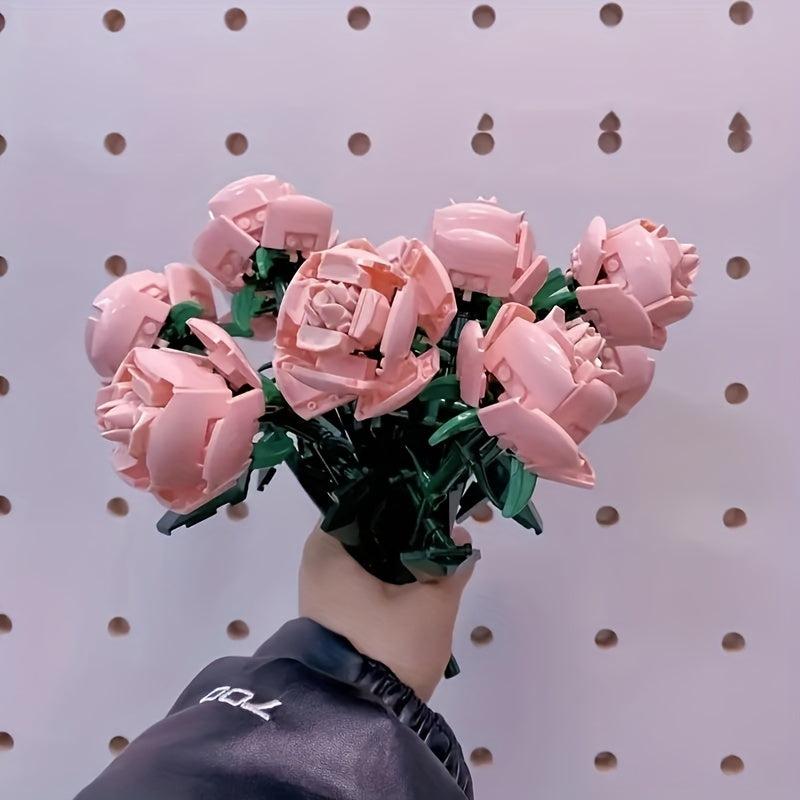 2pcs Pink Rose Plants Potted Flower Bouquet Model Building Blocks Toy