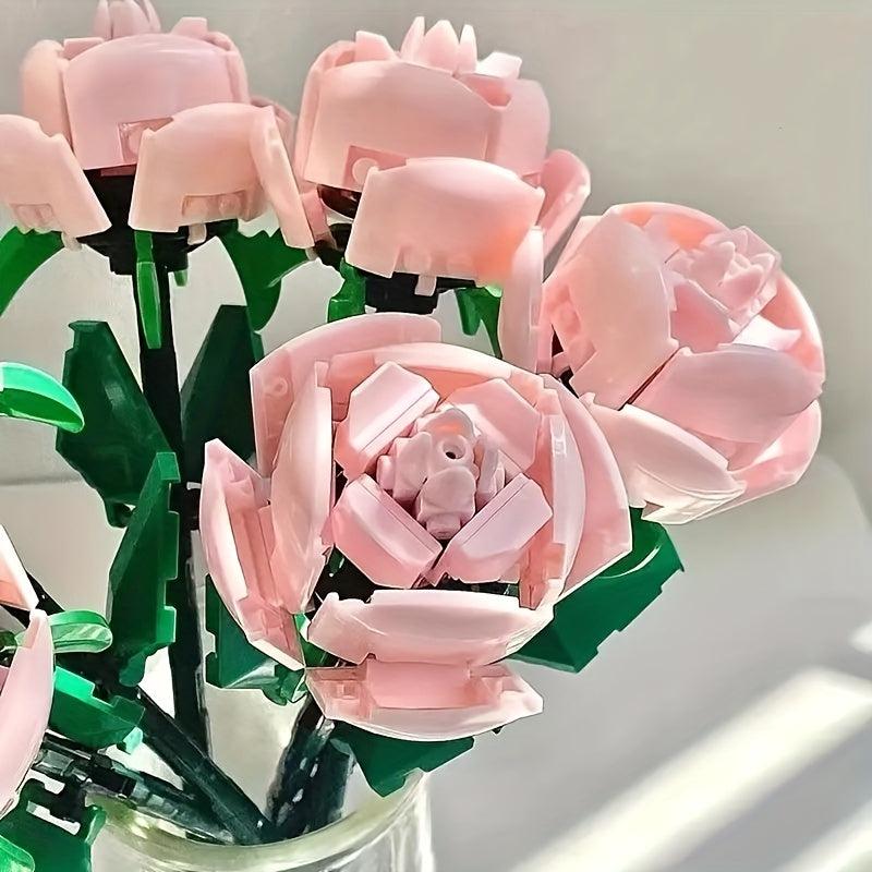 2pcs Pink Rose Plants Potted Flower Bouquet Model Building Blocks Toy