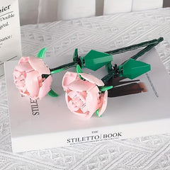 2pcs Pink Rose Plants Potted Flower Bouquet Model Building Blocks Toy