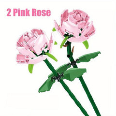 2pcs Pink Rose Plants Potted Flower Bouquet Model Building Blocks Toy