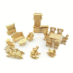 34pcs 3D Wooden Dollhouse Furniture Puzzle DIY House Room Furniture Set