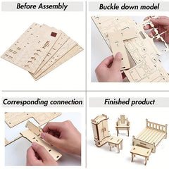 34pcs 3D Wooden Dollhouse Furniture Puzzle DIY House Room Furniture Set