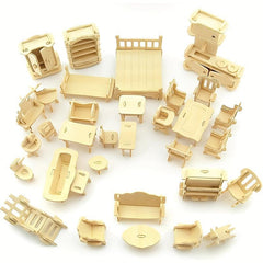34pcs 3D Wooden Dollhouse Furniture Puzzle DIY House Room Furniture Set