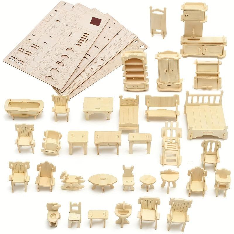 34pcs 3D Wooden Dollhouse Furniture Puzzle DIY House Room Furniture Set